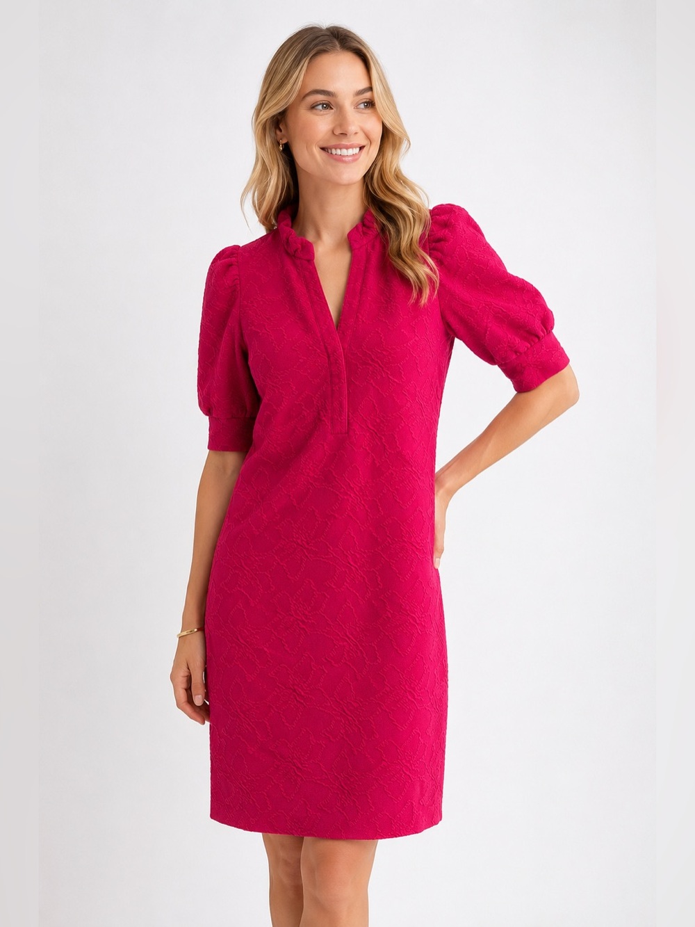 Lilly Pulitzer Pink Textured Jacquard Puff Sleeve Shift Dress Small